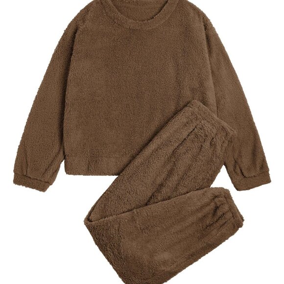 Fuzzy Fleece Pajama Set Cozy Loungewear Pullover Pants Two Piece Sleepwear